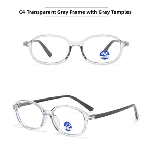 Detail view of retro oval kids blue light blocking glasses in transparent grey finish