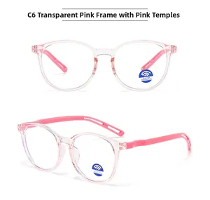Vue détaillée des lunettes roses rondes anti-lumière bleue pour enfants à cadre rose
