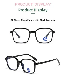 Detail view of square black anti-blue light glasses with C1 glossy finish frame