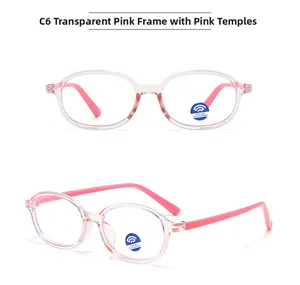 Detail of pink oval kids anti-blue light glasses showing translucent frame and C6 model