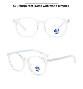 Vue détaillée de lunettes rondes transparentes avec branches blanches et filtre bleu