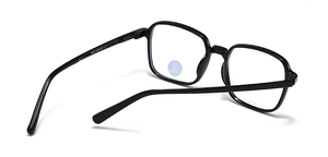 Detail view of square black frame glasses featuring anti-blue light lens and temple specs
