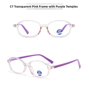Close-up of kids vintage oval glasses with transparent pink frame and purple temples