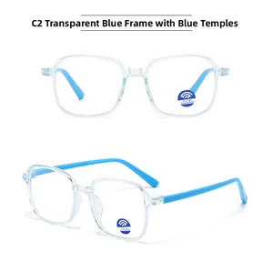 Detail view of transparent blue square frame kids glasses with blue light blocking lenses