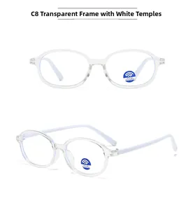 Detail view of oval kids' blue light glasses with transparent frame and white temples