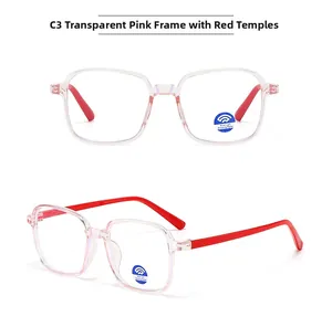 Front and side view of pink blue light blocking glasses with red temples for kids