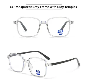 Detail view of transparent grey square kids anti-blue light glasses frame C4 color