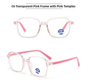 Detail view of pink square anti-blue light glasses frames for kids with functional stickers