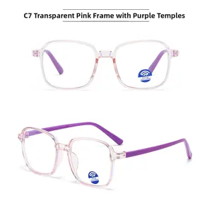 Detail view of kids square candy-colored frames with pink front and purple temples