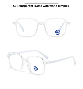 Detail view of square blue light blocking glasses with transparent frames and white temples