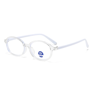 Kids vintage oval blue light blocking glasses with transparent frames and white temples