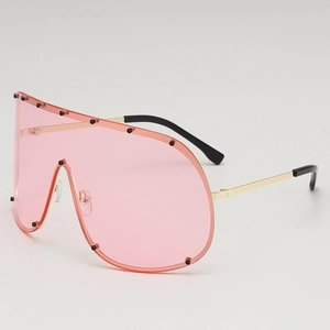 Oversize shield sunglasses with pink lenses and black stud detailing on metal frames