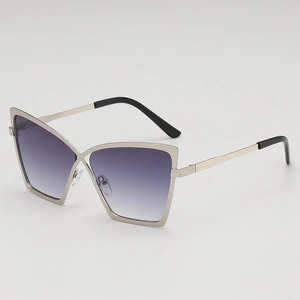 Oversized silver metal cat-eye sunglasses with purple gradient lenses and X-cross frame
