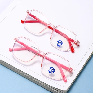Candy colored square frame blue light blocking glasses for kids in transparent pink finish