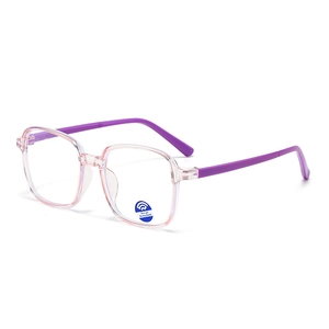 Kids square blue light blocking glasses in transparent pink and purple resin frames