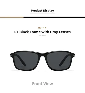 Front view of square frame sunglasses featuring black acetate frames and grey lenses