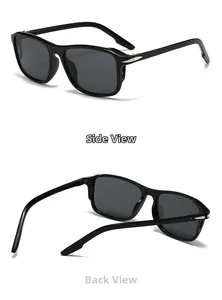 Side and back view of retro square black sunglasses featuring silver arrow-shaped temple decor