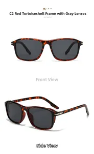 Detail view of red tortoiseshell square sunglasses with grey lenses from multiple angles