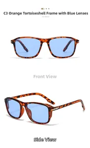 Detail view of square tortoiseshell frames with blue ocean lenses in flat and side angles