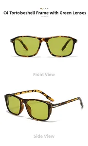Detail view of square tortoiseshell sunglasses with green lenses and C4 model marking