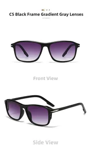 Detail view of square black sunglasses with purple gradient lenses and metallic accents