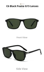 Detail of square black sunglasses with G15 lenses and silver arrow metal temple accents