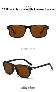 Detail view of square black sunglasses with brown lenses and silver arrow metal accents