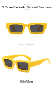 Vues de face et de côté de lunettes de soleil rectangulaires jaunes à verres gris