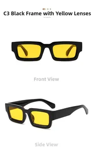 Vue de face et de profil de lunettes de soleil rectangulaires noires à verres jaunes