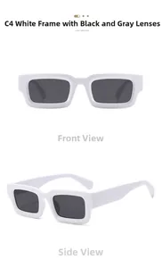 Vues de face et de côté de lunettes de soleil rectangulaires blanches à verres gris