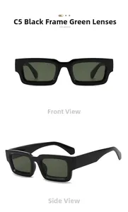 Vues de face et de profil de lunettes de soleil rétro carrées C5 monture noire verres verts
