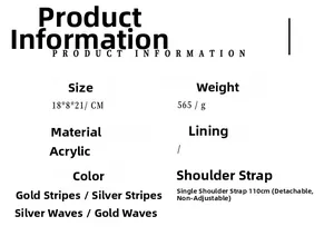 Detailed chart showing acrylic box bag dimensions 18x8x21cm and 110cm strap specifications