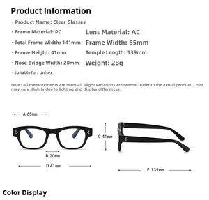Size chart for unisex square frame glasses with detailed PC frame and AC lens dimensions