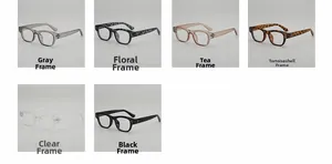 Close-up of square candy color eyeglass frames showing diverse patterns and rivet details