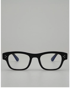 Detail of classic black square glasses frame with silver triple rivet decor on hinges