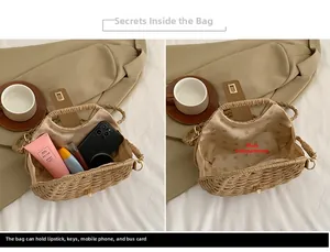 Interior view showing the large capacity of a khaki woven crossbody bag with daily essentials