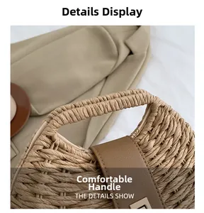 Macro shot of hand-woven bag detail with brown leather buckle and gold hardware