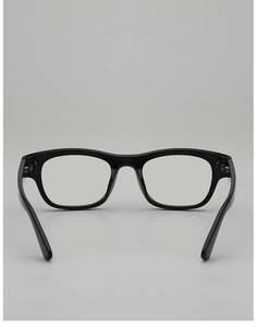 Detailed close-up of premium black square eyeglass frames with sturdy metal hinges