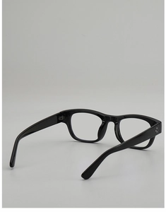Close-up of black square full-rim glasses frame with triple metal stud detail on temples