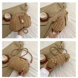 Four-angle detail view of woven crossbody bag with leather strap and metal bottom studs