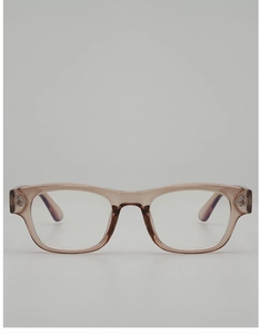 Front view of translucent champagne square frame glasses with metal rivet detail