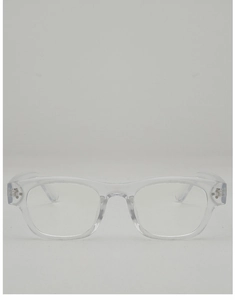 Detailed macro of transparent square frame glasses with silver metal rivets on the side