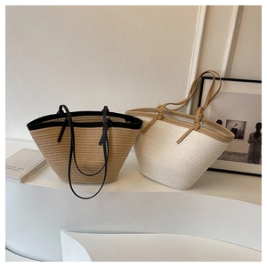 Sac Fourre-Tout En Paille Femmes Vacances À La Plage Sac À Épaule Tissé Avec Garniture En Cuir Synthétique Contrasté Décontracté