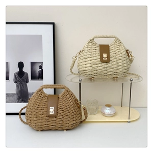 Women Woven Straw Shoulder Bag Semi Circular Bohemian Vacation Crossbody Handbag With Leather Cover And Metal Lock