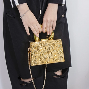 Lava-textured gold box clutch evening bag with metal handle and elegant chain strap