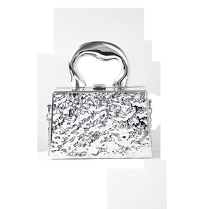 Chic silver metallic box bag with liquid lava texture and streamlined handle