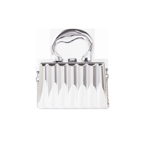 Futuristic silver box bag with vertical ripple texture and chunky organic top handle
