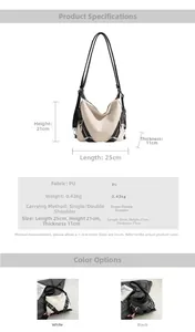 Detailed size and specs chart of the cream and black PU leather versatile handbag