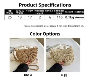 Detailed size chart and specifications for the woven half-moon straw crossbody bag