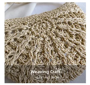 Macro shot showcasing intricate beige hollow weaving craftsmanship on the stylish straw bag